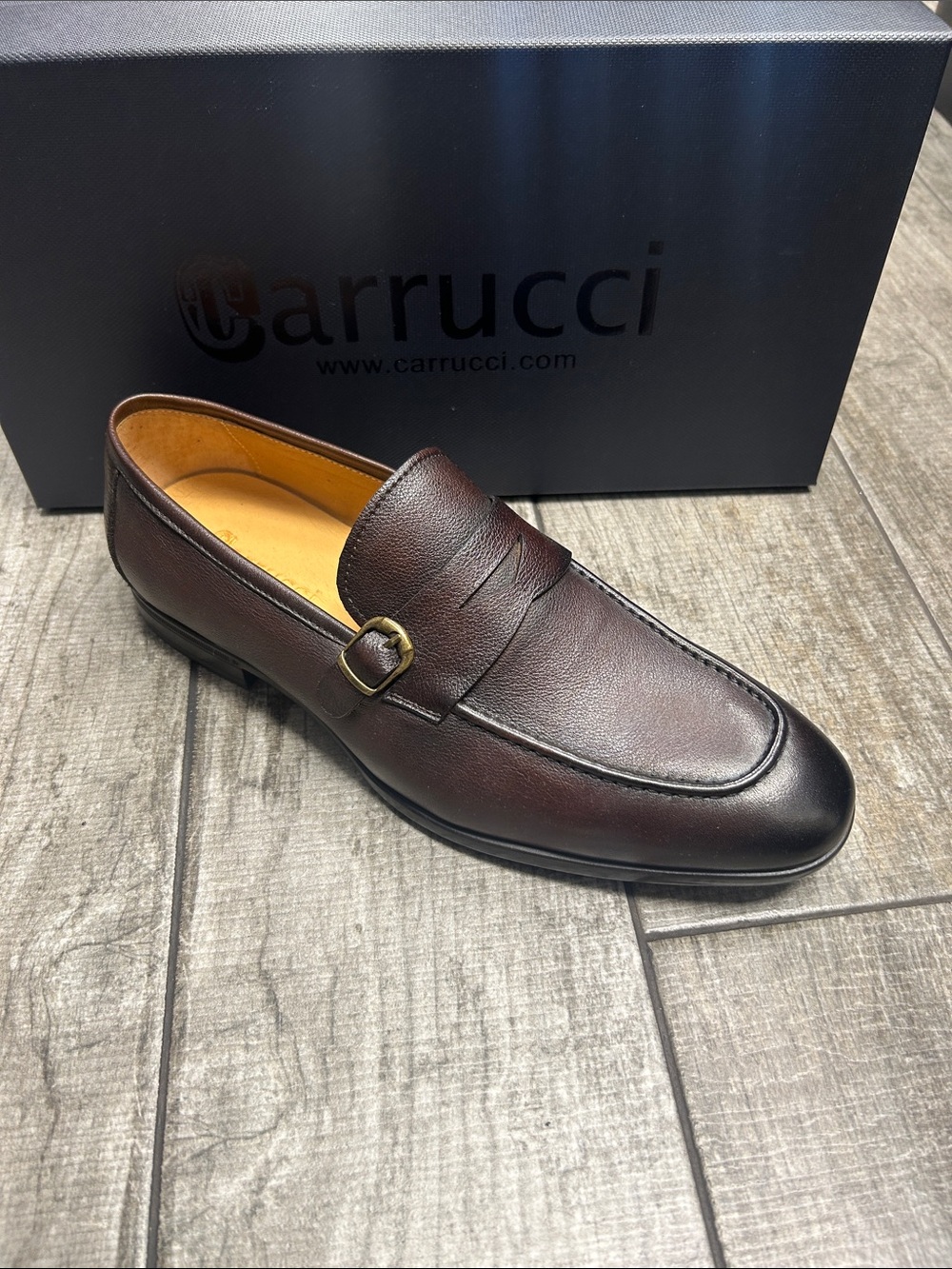 Carrucci Mens Brown Chestnut Leather Penny Strap Loafers for Men New with Box
